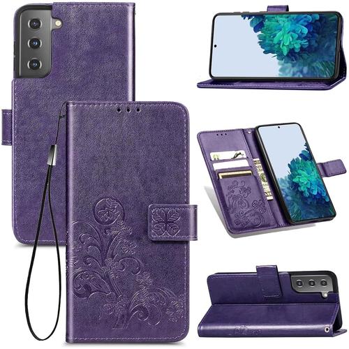 Coque Pour Samsung Galaxy S22,Housse Étui En Pu/Tpu Cuir Flip Portefeuille Avec Fente Pour Carte/Stand,3d Chanceux Trèfle Protection Case Cover-Mauve