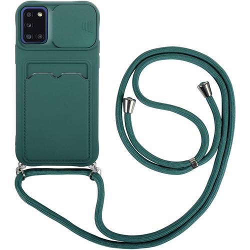 Coque Pour Samsung Galaxy A31 Avec 2 Pièces Protection Écran Avec Lentille Coulissante Antidérapant Couverture Avec Cordon Case Tpu Bumper Vert Foncé