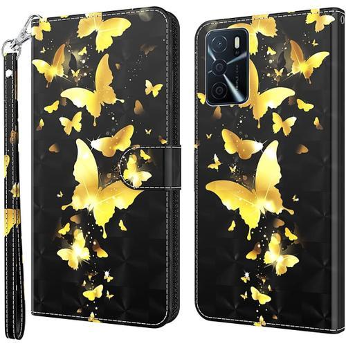 Étui Pour Oppo A16 6 52 Pouces Pu Cuir Portefeuille Magnétique Protection Housse En Cuir Pochette Stent Fonction Coque Tpu Flip Cuir 3d Papillon D'or