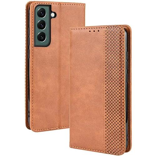 Coque Cuir Étui Pour Samsung Galaxy S22 5g Housse, Etui Portefeuille Case Cover, Fermeture Magnétique, Flip Béquille Et Emplacements Pour Cartes -Brun