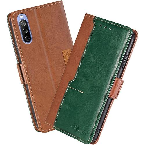 Housse Pour Telephone Sony Xperia 10 Iii Etui, Pu/Tpu Rétro Retourner Cuir Coque Magnétique Anti Chute Portefeuille Protection Case Cover, Marron+Vert