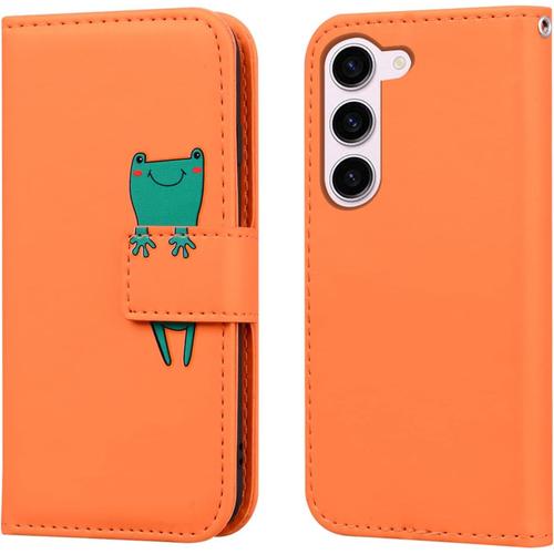 Etui Coque Pour Samsung Galaxy S23 6.1"" ,Protection Housse En Cuir Antichoc Tpu Etui Pu Portefeuille Avec Béquille Fentes Pour Cartes,Orange Grenouille