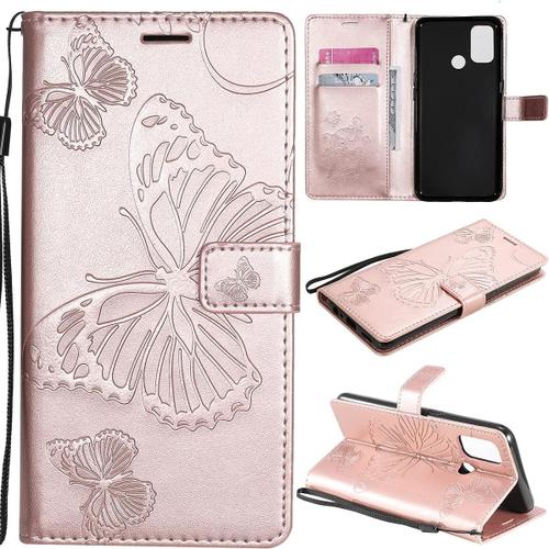 Étui Pour Oppo A53/A53s/A33/A32 2020 6 5 Pouces Pu Cuir Couverture Magnétique Housse Conception En Relief De Papillon Stent Fonction Flip Cuir Or Rose