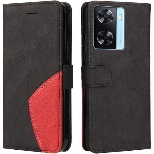 Housse Pour Telephone Oppo A57 4g 2022 Oppo A57s Etui, Pu/Tpu Rétro Retourner Cuir Coque Magnétique Anti Chute Portefeuille Protection Case Cover, Noir