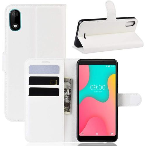 Coque Pour Wiko Y60, Stand Pour Téléphone Portable/Avec Emplacements Pour Cartes De Crédit/Couvercle De Fermeture Magnétique,Pour Wiko Y60 Housse Blanc