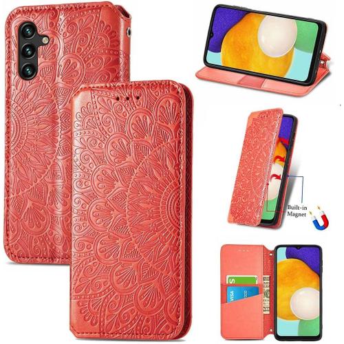 Housse Pour Telephone Samsung Galaxy A13 5g Etui Premium Pu+Tpu Motif En Relief Retourner Cuir Coque Anti Chute Portefeuille Protection Case Cover Rouge