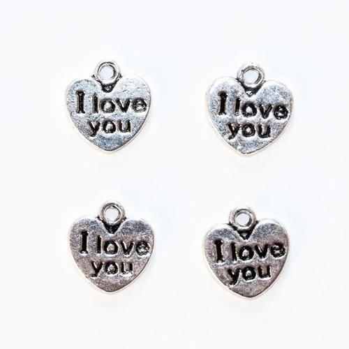 4 Breloques Pendants Coeur "I Love You", Métal Argenté Vieilli