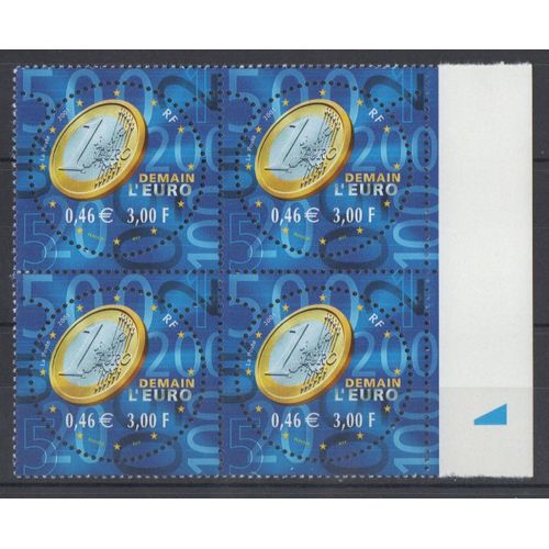 Bloc 4 Timbres France 2001 Yvert Et Tellier N°3402 Demain L'euro Neuf** Bord De Feuille Gomme Intacte