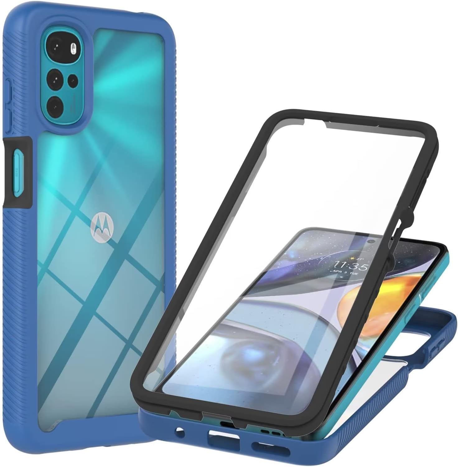 Coque Pour Motorola Moto G22 Moto E32 Antichoc Housse Full Body Protection Étui Avec Protecteur D'ecran Intégré Ultra Fine Dos Transparent Design Bleu