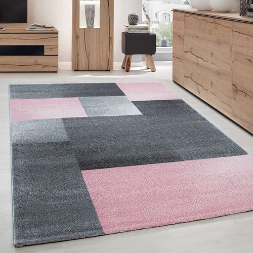 Tapis De Salon Moderne Designe Courte Pile Optique Bloc Gris Rose - 80x150 Cm