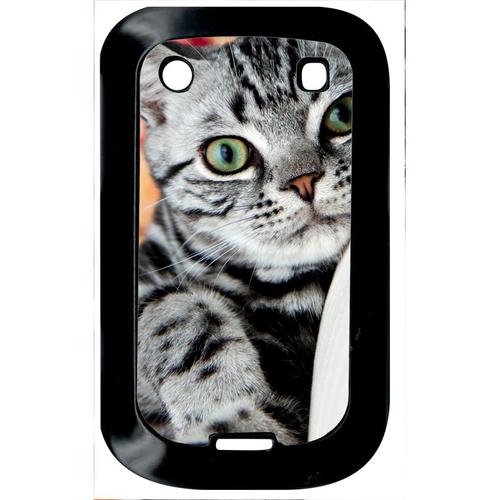 Coque Pour Smartphone - Chat Tigré Gris Yeux Vert - Compatible Avec Blackberry Bold Touch 9900 - Plastique - Bord Noir