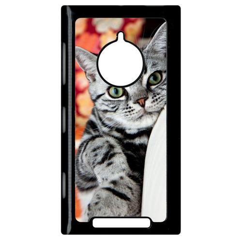 Coque Pour Smartphone - Chat Tigré Gris Yeux Vert - Compatible Avec Nokia Lumia 830 - Plastique - Bord Noir