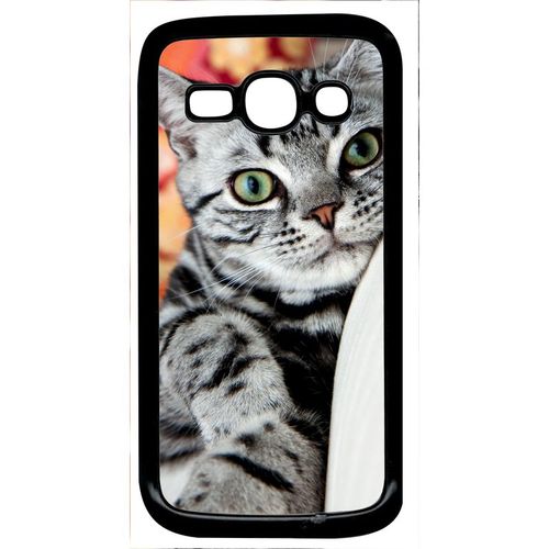 Coque Pour Smartphone - Chat Tigré Gris Yeux Vert - Compatible Avec Samsung Galaxy Ace 3 - Plastique - Bord Noir