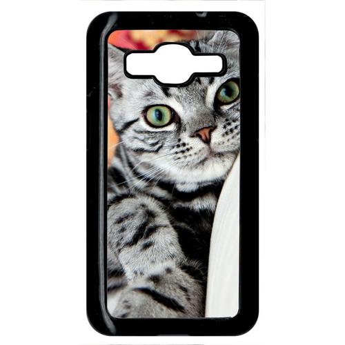 Coque Pour Smartphone - Chat Tigré Gris Yeux Vert - Compatible Avec Samsung Galaxy Core Prime - Plastique - Bord Noir