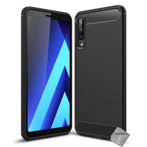 Housse Etui Coque Silicone Gel Carbone Pour Samsung Galaxy A7 (2018) + Verre Trempe - Noir