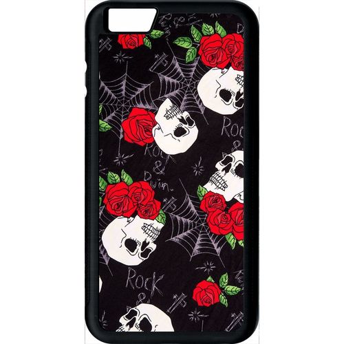Coque Pour Smartphone - Tete De Mort Toile Rose Rock - Compatible Avec Apple Iphone 6 Plus - Plastique - Bord Noir