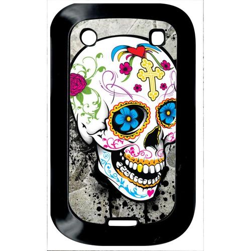 Coque Pour Smartphone - Skull Fleur Bleu Fond Gris - Compatible Avec Blackberry Bold Touch 9900 - Plastique - Bord Noir