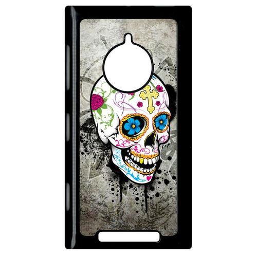 Coque Pour Smartphone - Skull Fleur Bleu Fond Gris - Compatible Avec Nokia Lumia 830 - Plastique - Bord Noir