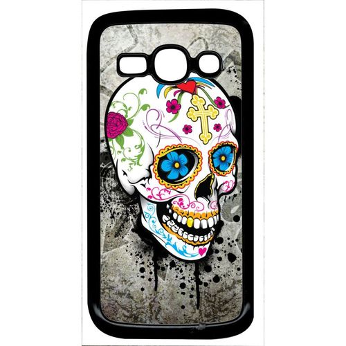 Coque Pour Smartphone - Skull Fleur Bleu Fond Gris - Compatible Avec Samsung Galaxy Ace 3 - Plastique - Bord Noir