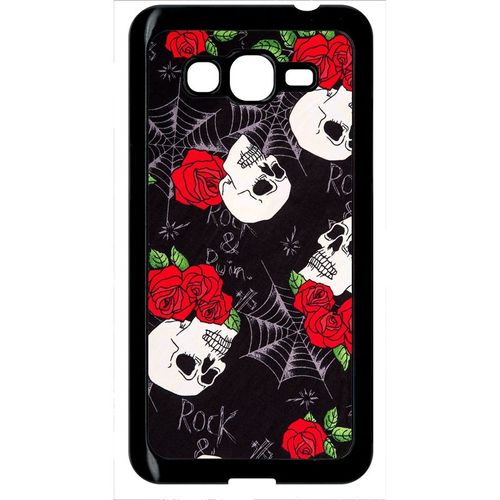 Coque Pour Smartphone - Tete De Mort Toile Rose Rock - Compatible Avec Samsung Galaxy Grand Prime - Plastique - Bord Noir