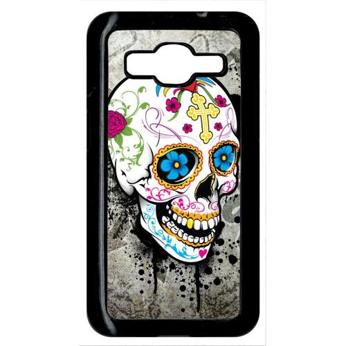 Coque Pour Smartphone - Skull Fleur Bleu Fond Gris - Compatible Avec Samsung Galaxy Core Prime - Plastique - Bord Noir