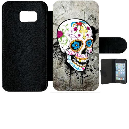 Etui À Rabat Galaxy S6 - Skull Fleur Bleu Fond Gris - Simili-Cuir - Noir