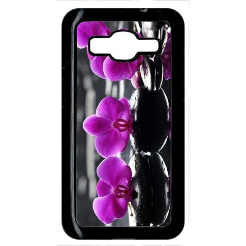 Coque Pour Smartphone - Orchide Violette Fond Gris - Compatible Avec Samsung Galaxy Core Prime - Plastique - Bord Noir