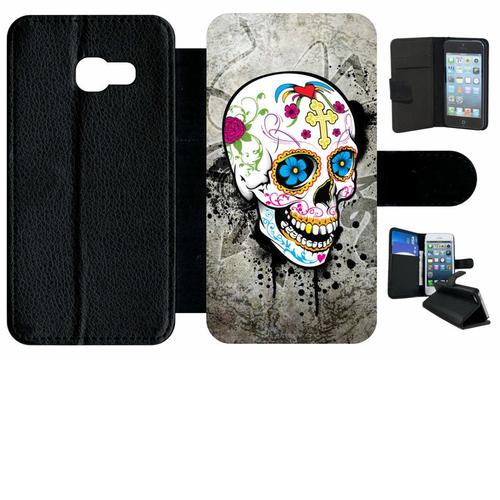 Etui À Rabat Galaxy A3 (2017) - Skull Fleur Bleu Fond Gris - Simili-Cuir - Noir