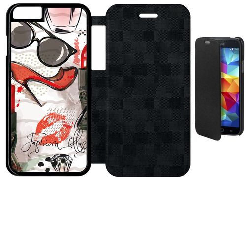 Etui A Flip Flap - Motif Girly Fond Blanc - Compatible Avec Apple Iphone 6s - Plastique - Bord Noir