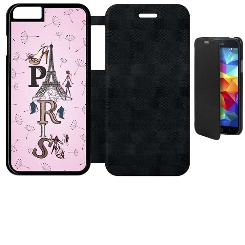 Etui A Flip Flap - Paris Fond Rose Pale - Compatible Avec Apple Iphone 6s - Plastique - Bord Noir