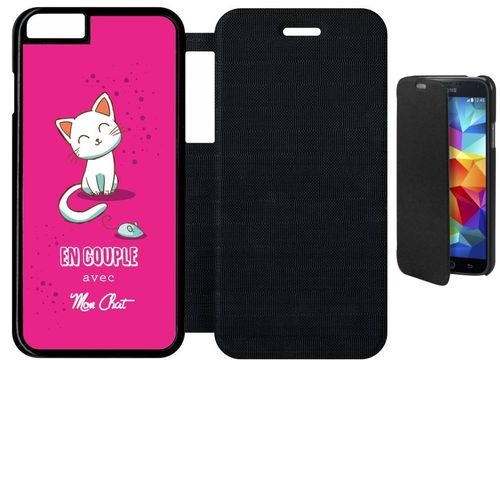 Etui A Flip Flap - En Couple Avec Mon Chat Fond Rose - Compatible Avec Apple Iphone 6s - Plastique - Bord Noir