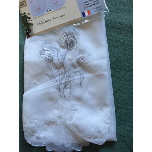 Paire De Voilages Blanc À Fleurs Gris Argenté