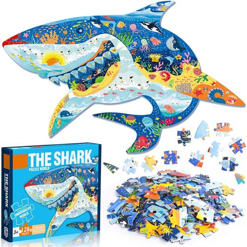 Puzzle Enfant, 128 Pièces Puzzle Animaux Enfant, Jouet Puzzles Pour Enfant, Jouet Éducatif Enfant, Cadeau Jouet Pour Fille Et Garçon De 4 5 6 7 8 9 10 Ans (Requins-A)