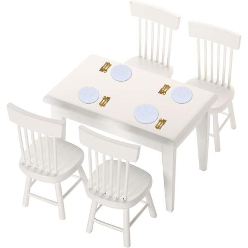 22 Pièces Chaise De Table Simulée Miniature De Maison De Poupée, Dollhouse Vaisselle Set Plaque En Porcelaine Avec Cuillères, Chaise De Bureau À Manger Ensemble En Bois Mini Modèle De Meubles De Jouet