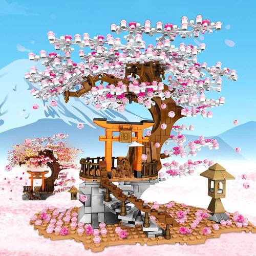 Sakura Tree House Ensembles De Briques De Construction Avec Lumières,Kit De Construction De Sanctuaire Inari,Pour Adultes Ou Filles Âgées De 10 + Et Plus (1103 Pièces)