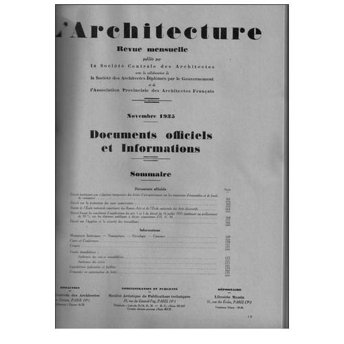 L'architecture, Revue Mensuelle  N° 11 : 1935.