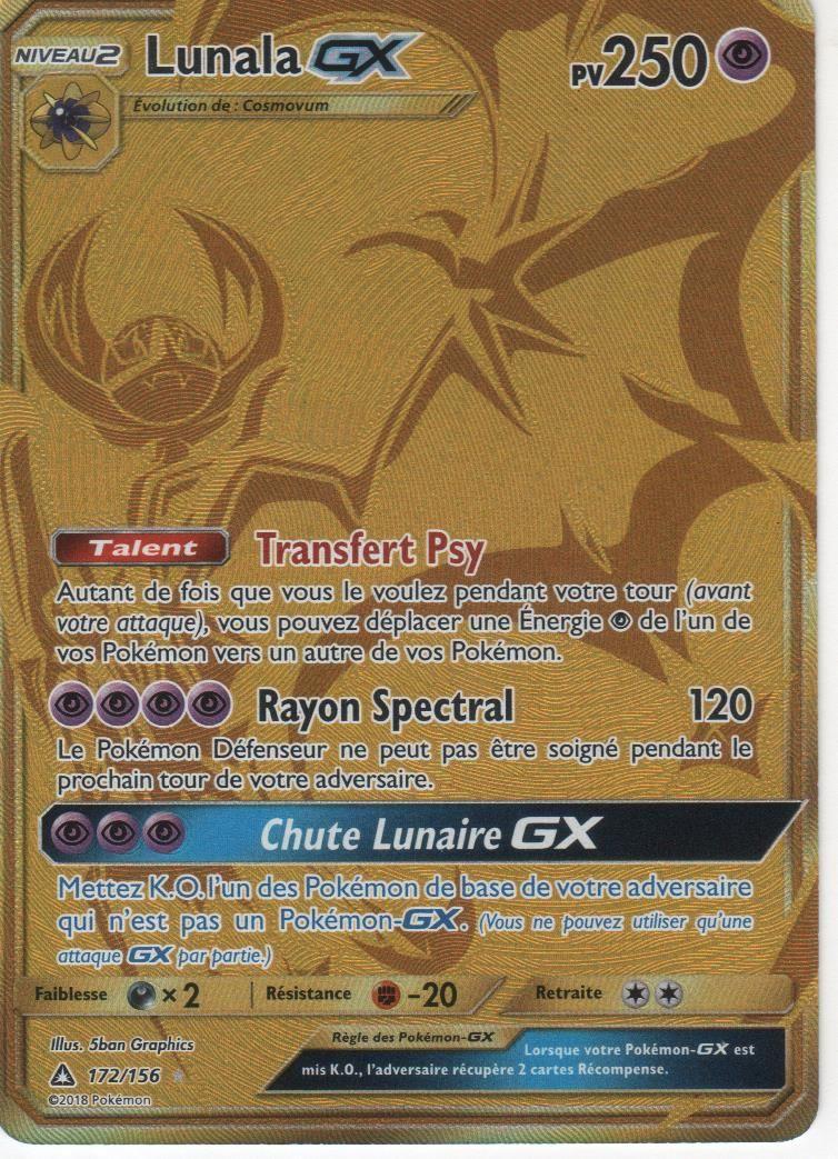 carte FR pokemon lunala GX or brillante PV250, 172/156 soleil et l'une  ultra prisme