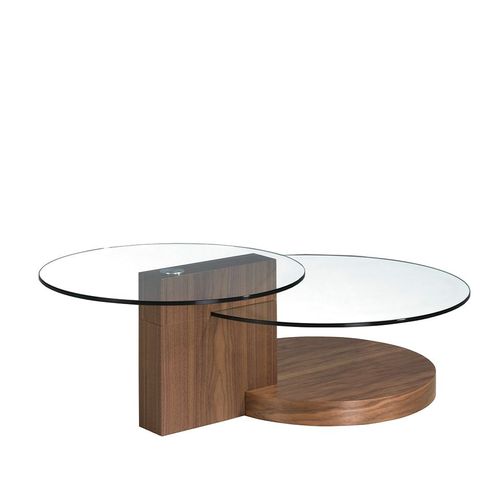 Table Basse Ronde En Verre Trempé Et Noyer