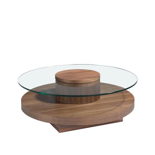 Table Basse Ronde En Verre Trempé Et Noyer
