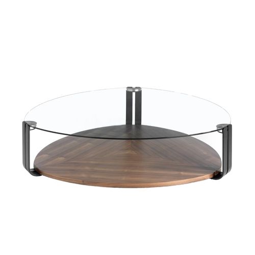 Table Basse Triangulaire En Verre Trempé, Acier Noir Et Noyer
