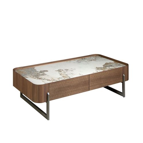 Table Basse Rectangulaire En Marbre De Porcelaine Noyer Et Acier Métallique Foncé