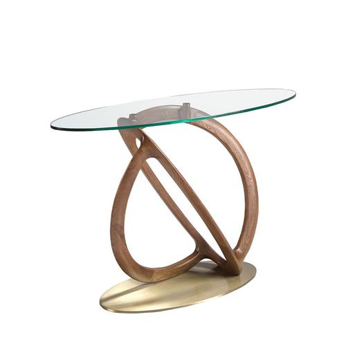 Table Console Ovale En Verre Trempé Et Noyer