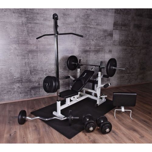 Gorilla Sports - Ensemble Universel Power Station 46 Éléments - Banc, Poulie, Poids, Barres, Tapis Protéction