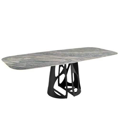 Table À Manger Baril Ovale Marbre Porcelaine Et Acier Noir
