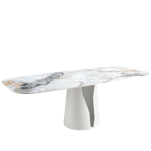 Table À Manger Baril Ovale Marbre Porcelaine Et Acier Blanc