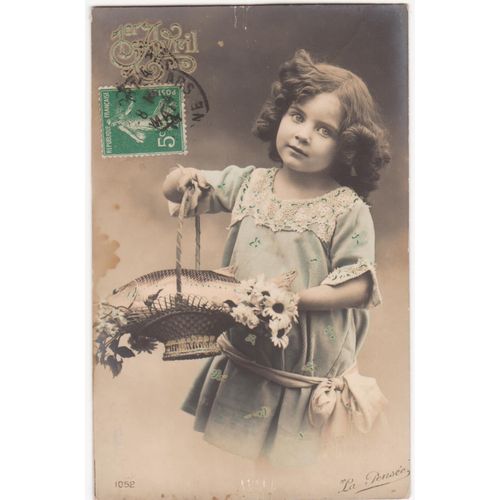 Cpa - 1052 La Pensée - " 1er Avril " Petite Fille Et Corbeille De Fleurs - (Timbrée, Oblitérée Et Circulée En 1914)