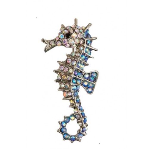 Broche Hippocampe Strass Bleu Blanc Pin Up Rockabilly Retro