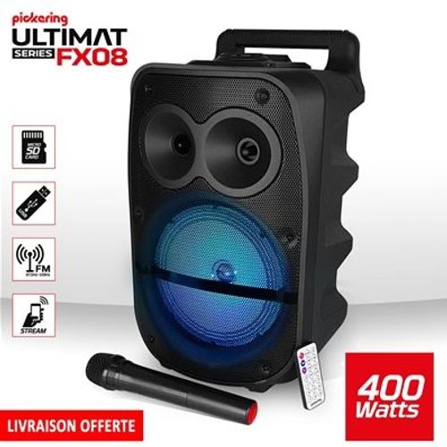 Enceinte High Power autonome à LED RVB 400W 8" - USB/SD/BT/FM + Micro VHF - Pickering FX08