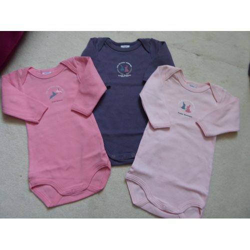 Lot 3 Bodies Manches Longues Gris/Rose Petit Bateau - 3 Mois