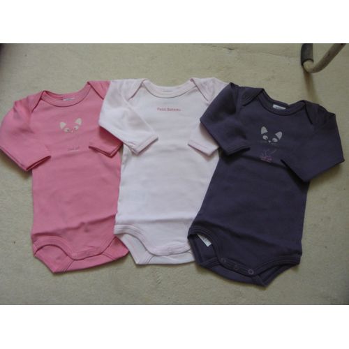 Lot 3 Bodies Manches Longues Gris/Rose Petit Bateau - 3 Mois